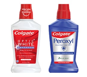 Colgate optic white whitening mouthwash and Colgate Peroxyl mouth sore rinse product images